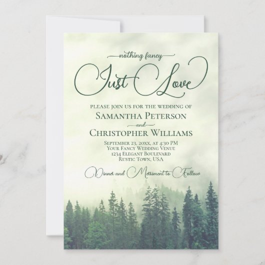 霧がファンシー深い緑の松を愛す結婚るもの 招待状 (正面)