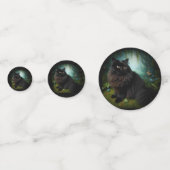 霧が立った森の中で、ふわふわした黒猫 コンフェッティ (正面)
