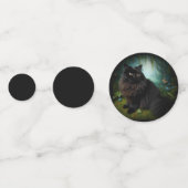 霧が立った森の中で、ふわふわした黒猫 コンフェッティ (裏面)