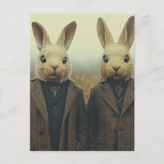 霧が立つフィールドにスーツを着たウサギたち ポストカード (正面)