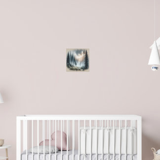 霧が立つ森の木々の絵を描風景 ポスター