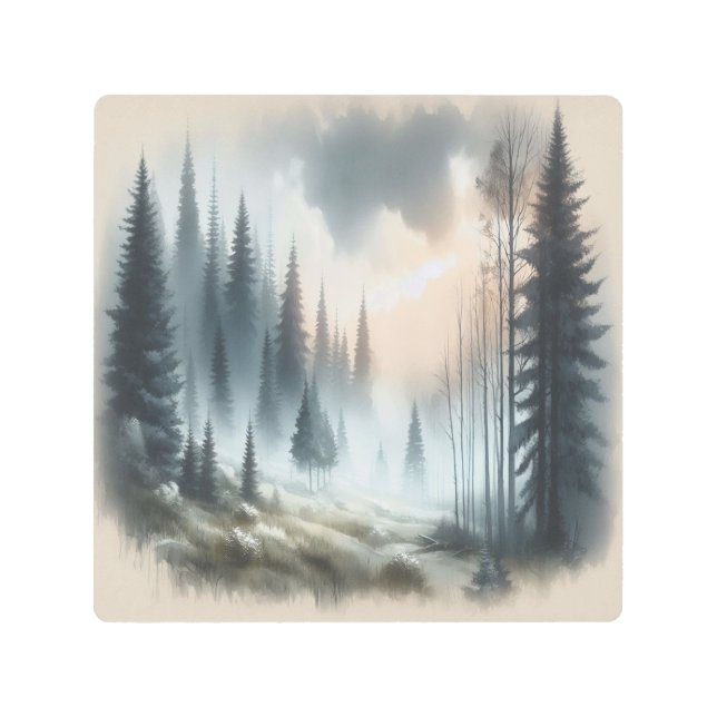 霧が立つ森の木々の絵を描風景 メタルプリント (正面)
