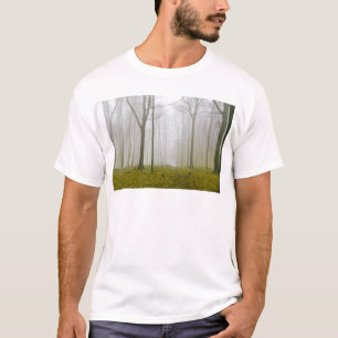 霧と黄色い葉のファンタジー林 Tシャツ