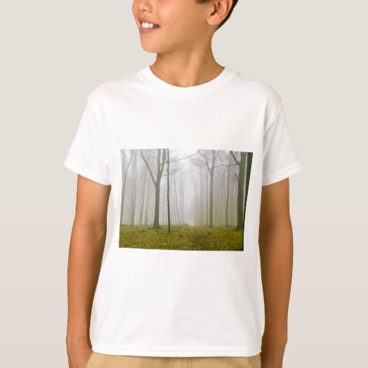霧と黄色い葉のファンタジー林 Tシャツ (正面)