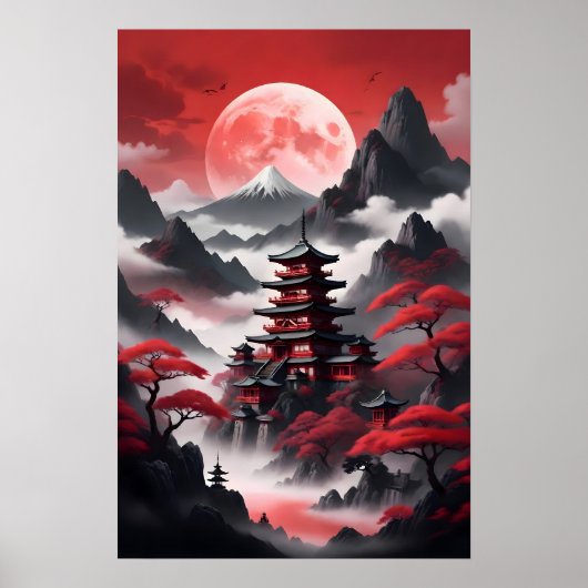 霧に包まれた山々の日本寺院 ポスター (正面)
