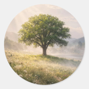 霧に包まれた緑の孤樹と陽の光 ラウンドシール