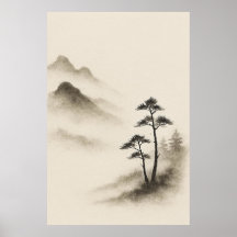 霧のささやき: 水墨画の山の静寂