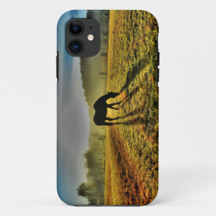霧のフィールドで日の出で馬の放牧の写真 iPhone 11 ケース