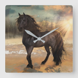 霧のフリシアンモーニング – 馬 スクエア壁時計