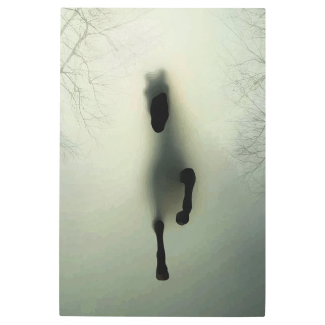 霧のランニング多い森の中の黒馬の馬 メタルプリント (正面)