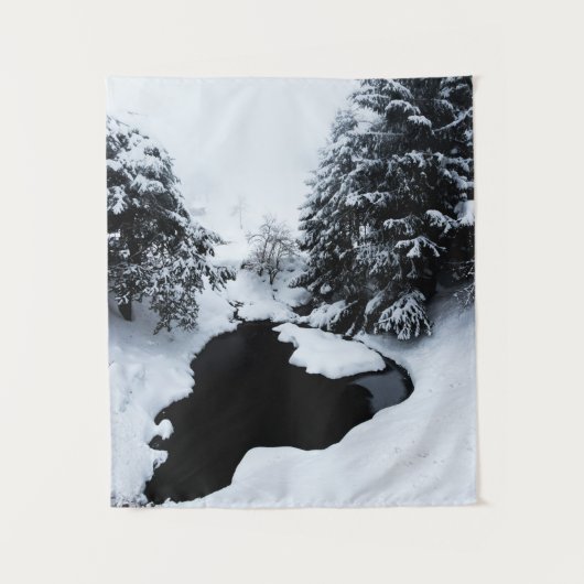 霧の中に消え去る雪池と木 タペストリー (正面)