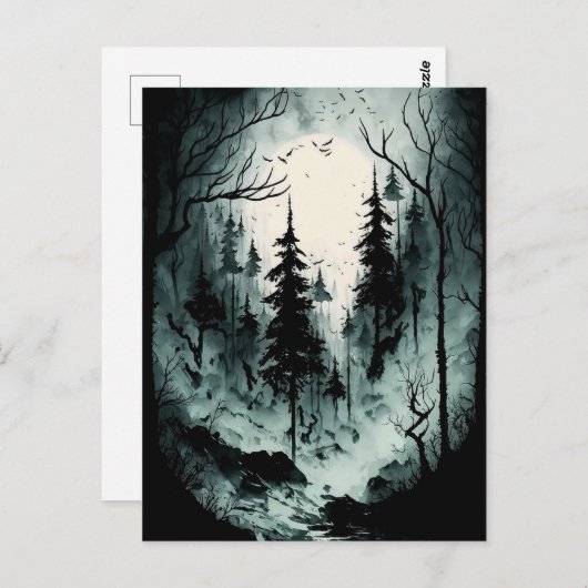 霧の中の不気味な黒と白のインクフォレスト ポストカード (正面/裏面)