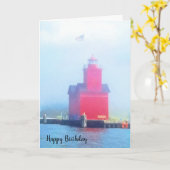 霧の中の大きな赤の灯台 カード (黄色い花)