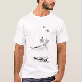 「霧の中の孤独なボート – インク中国のウォッシュアート」 Tシャツ