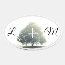 霧の中の文字の木 楕円形シール