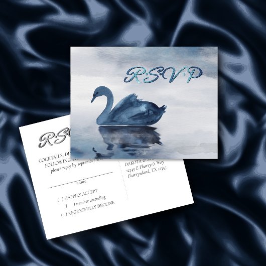 霧の反射 | Dusty Blue Swan Wedding RSVP ポストカード