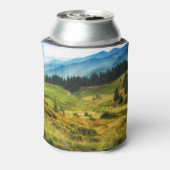 霧の多い山の斜面威厳のある：風景。 缶クーラー (缶裏面)