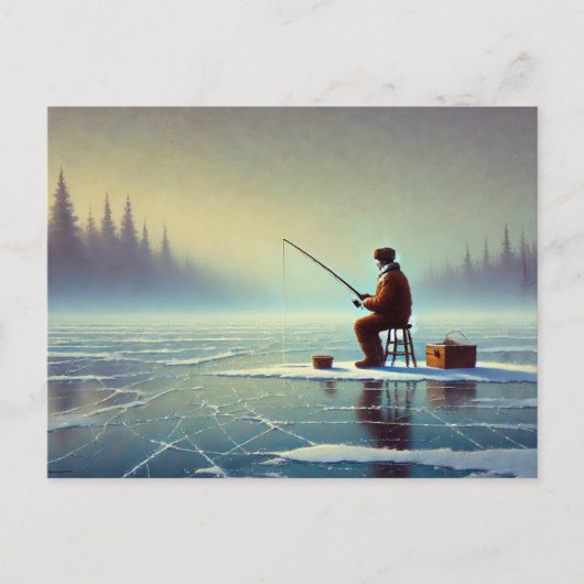 霧の多い湖に氷の魚釣りが凍っていある ポストカード (正面)