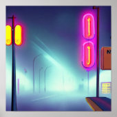 霧の多い通り電柱とネオンシンボルや象徴で溢れる ポスター (正面)