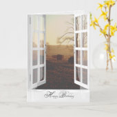 霧の多い野原の誕生日に干し草の俵 カード (黄色い花)