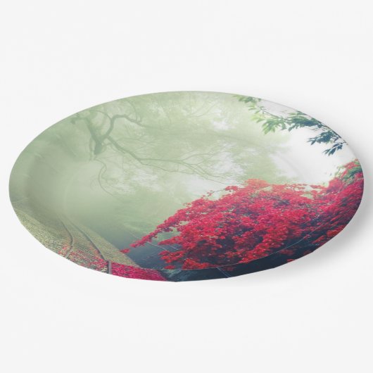 霧の多い鉄道跡の風光明媚な写真 ペーパープレート (アングル)