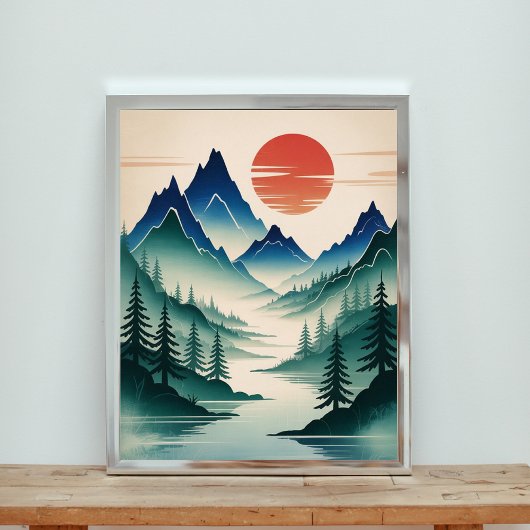 霧の威厳のある深い山々の風景 ポスター