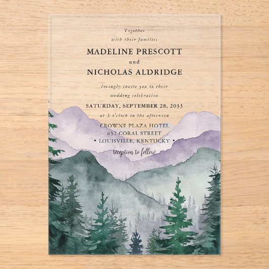 霧の山の森の水の色結婚の アクリル招待状 (正面)