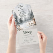 霧の山の水の色の冬の森結婚の オールインワン招待状 (貼ってはがせる)