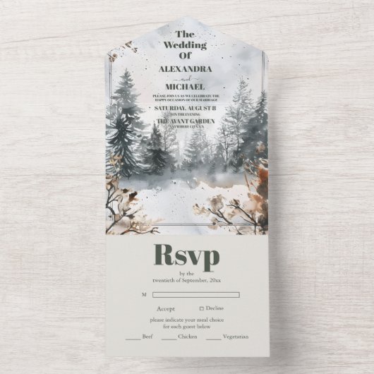 霧の山の水の色の冬の森結婚の オールインワン招待状 (内側)