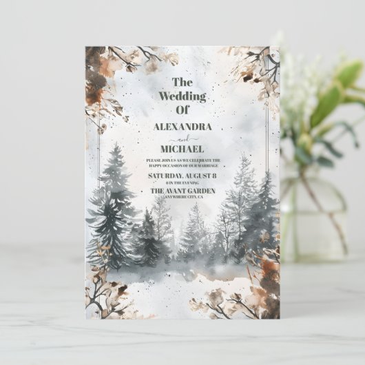 霧の山の水の色の冬の森結婚の 招待状 (スタンド正面)
