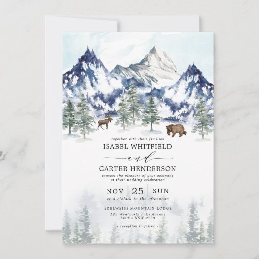 霧の山の水の色の冬の森結婚の 招待状 (正面)