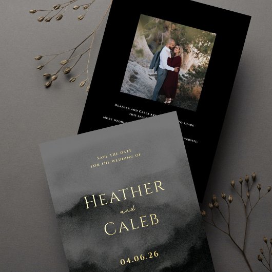 霧の山の黒い金ゴールド結婚式の日付を保存 箔招待状