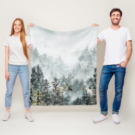 霧の山林の森のシカ フリースブランケット