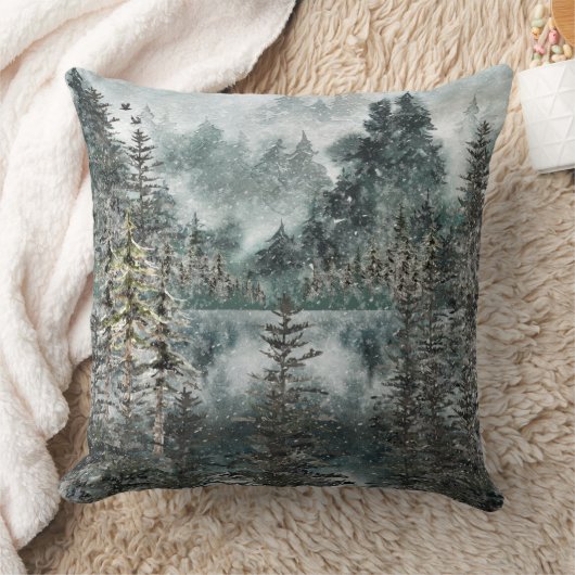 霧の山林の森凍ってい冬湖 クッション (ブランケット)