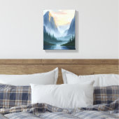 霧の山脈の自然水彩画 キャンバスプリント (インサイチュ (寝室))