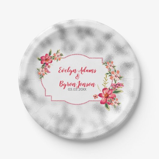 霧の明るい灰色のガラスとピンクの花 ペーパープレート (正面)