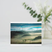 霧の朝の風力発電所の風景 ポストカード (スタンド正面)