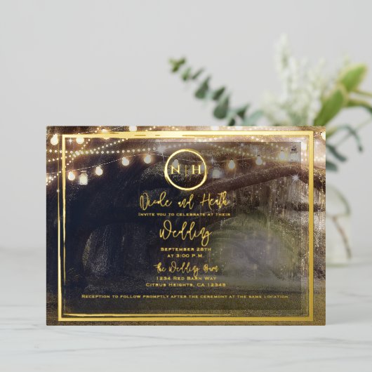 霧の森のエレガントラモダン結婚イの金ゴールド 箔招待状 (立ち正面)
