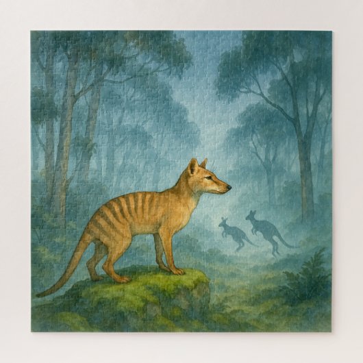 霧の森の中のタスマニアの虎（フクロオカミ） ジグソーパズル (縦)