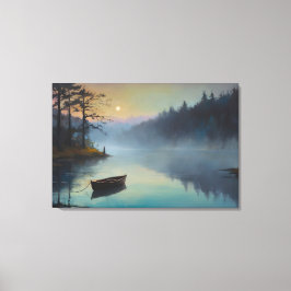 霧の森の中の川の朝の風景 キャンバスプリント