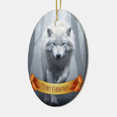 霧の森の中の白いオオカミ セラミックオーナメント (左)