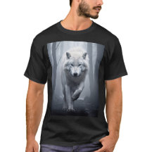 霧の森の中の白いオオカミ