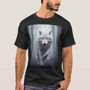霧の森の中の白いオオカミ Tシャツ