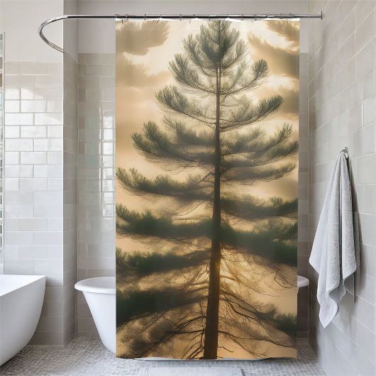 霧の森の大きな松の木風光明媚なバスルームの装飾 シャワーカーテン