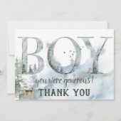 霧の森の森の田舎の鹿の男の子の赤ちゃんシャワー サンキューカード (正面)