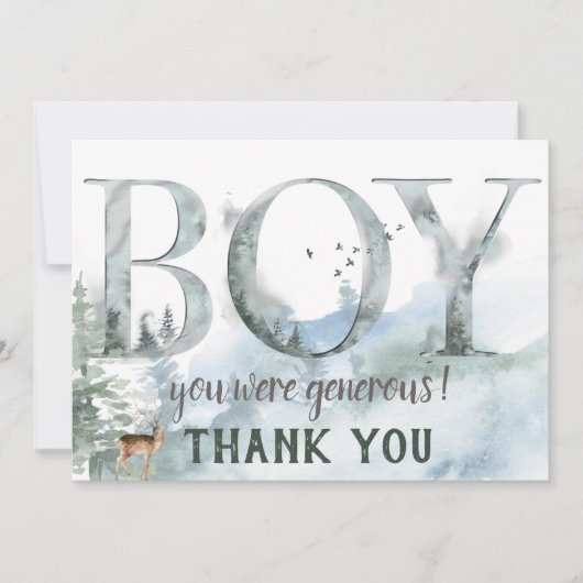 霧の森の森の田舎の鹿の男の子の赤ちゃんシャワー サンキューカード (正面)