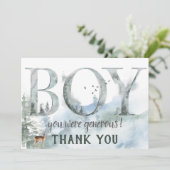 霧の森の森の田舎の鹿の男の子の赤ちゃんシャワー サンキューカード (スタンド正面)