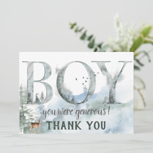 霧の森の森の田舎の鹿の男の子の赤ちゃんシャワー サンキューカード (スタンド正面)