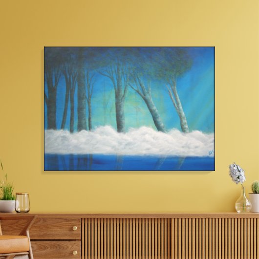 霧の森の青い川の反射 キャンバスプリント (インサイチュ (リビング))