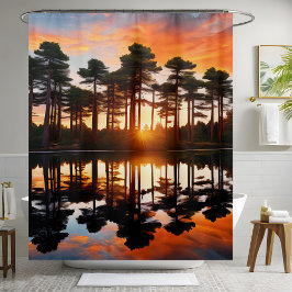 霧の森サンセットパインツリーズウッドランドワイルド シャワーカーテン